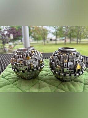 2 Jerusalem Globe Shabbat Candle Stick Holders 925 SC Silver & Gold Gilt